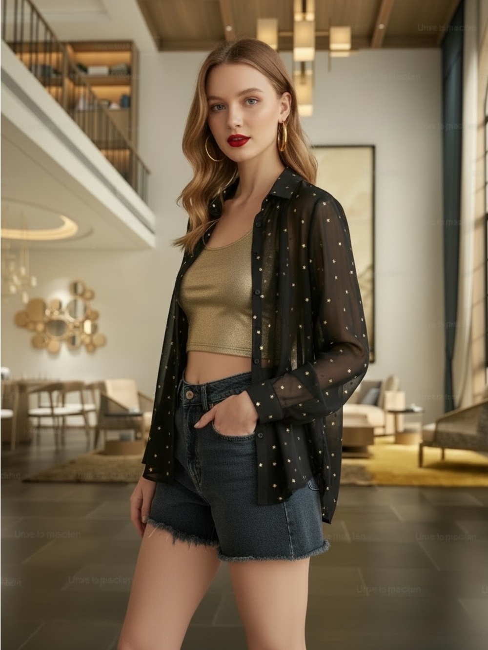 The Kooples Star Sheer Button Down Blouse in Black Gold Size Small